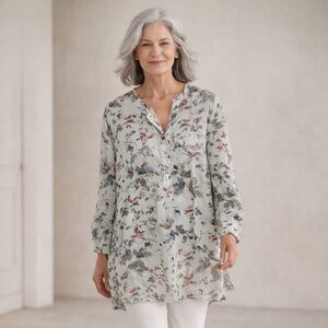 J. Jill Bird Print Tunic Blouse | Soft Sage Green | Size Medium